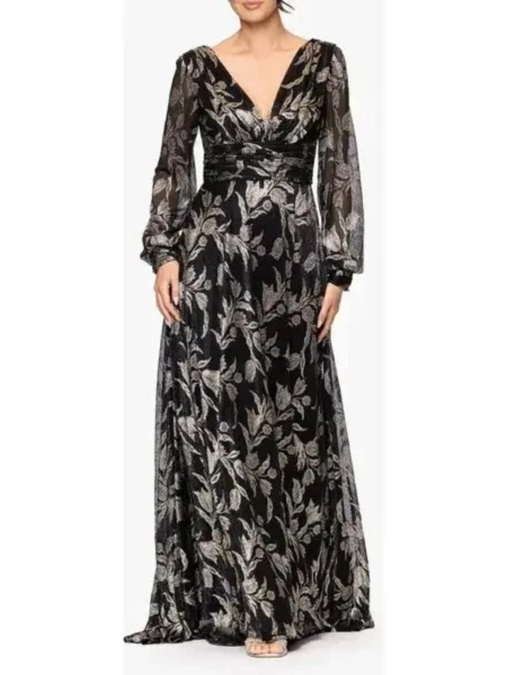 Betsy & Adam Black Gold Metallic Floral Long Sleeve Mesh Gown